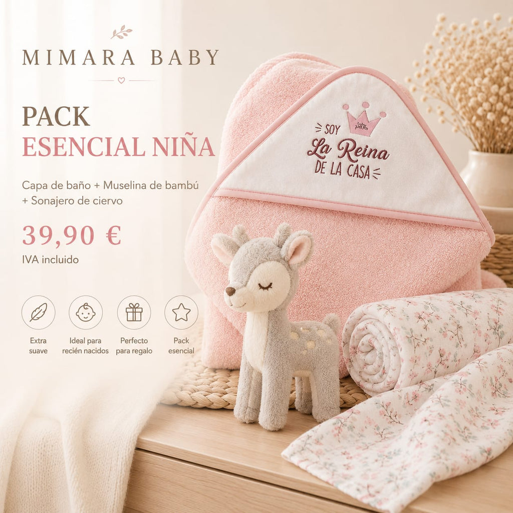 Pack Esencial Niña – Capa de Baño, Muselina y Sonajero Ciervo