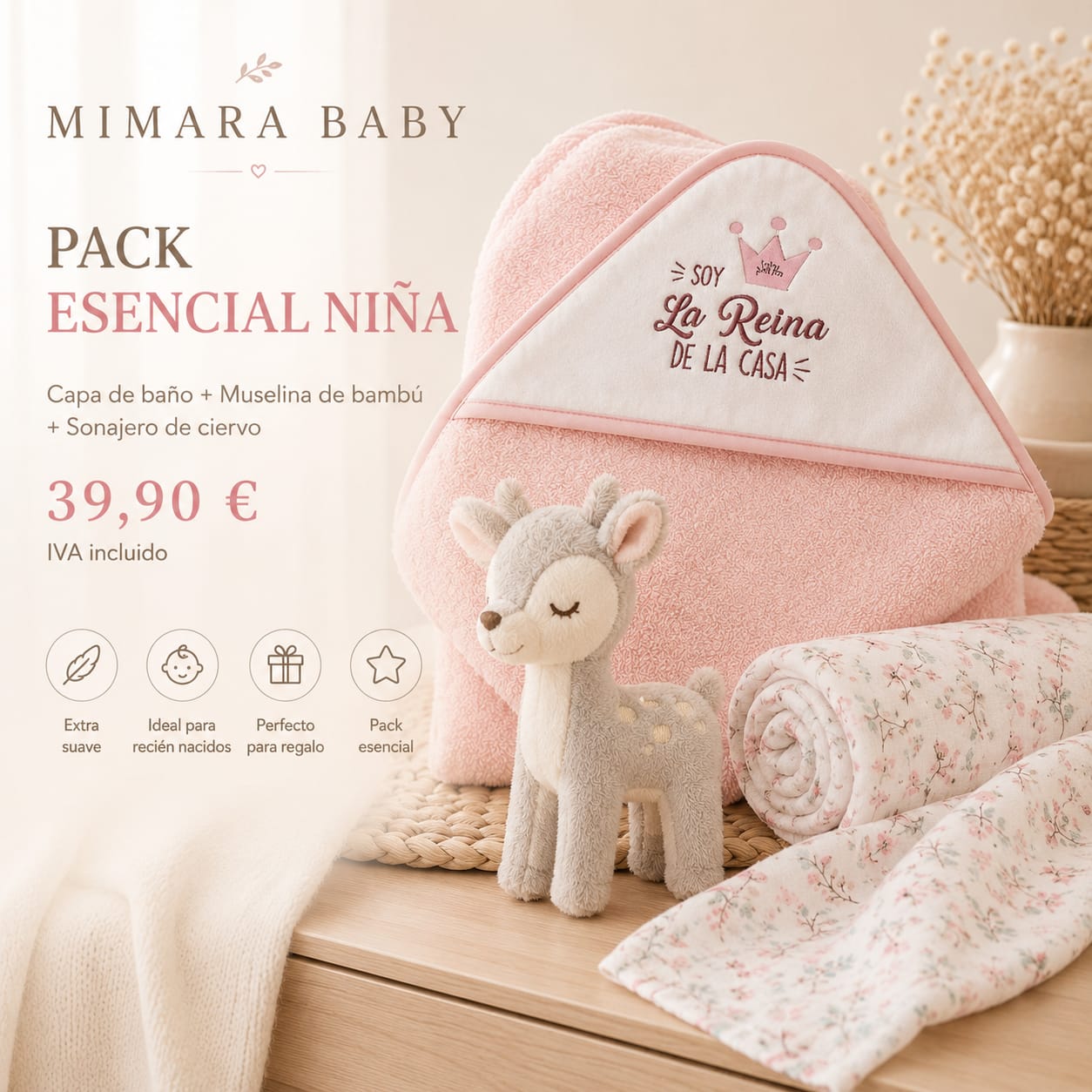 Pack Esencial Niña – Capa de Baño, Muselina y Sonajero Ciervo