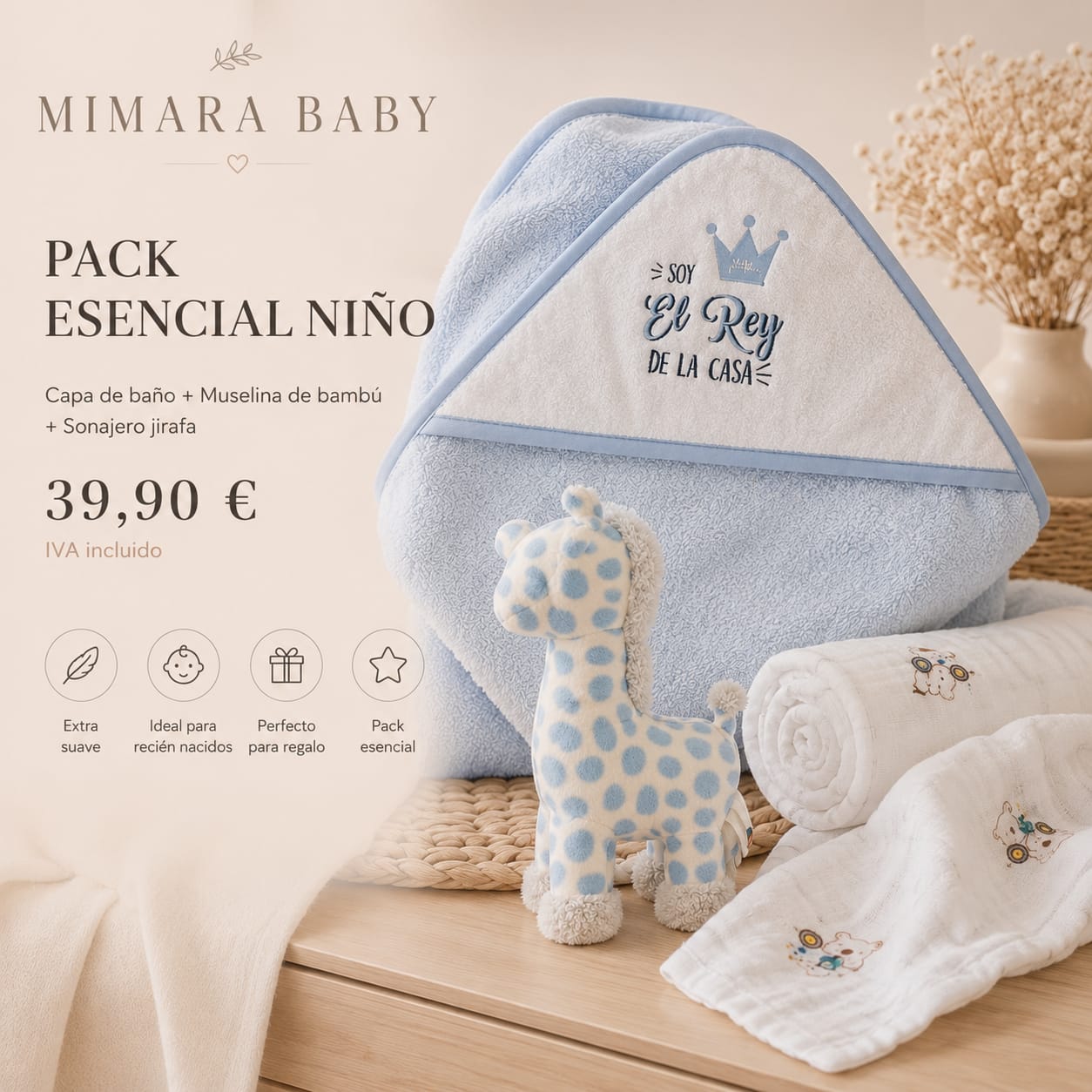 Pack Esencial Niño – Capa de Baño, Muselina y Sonajero